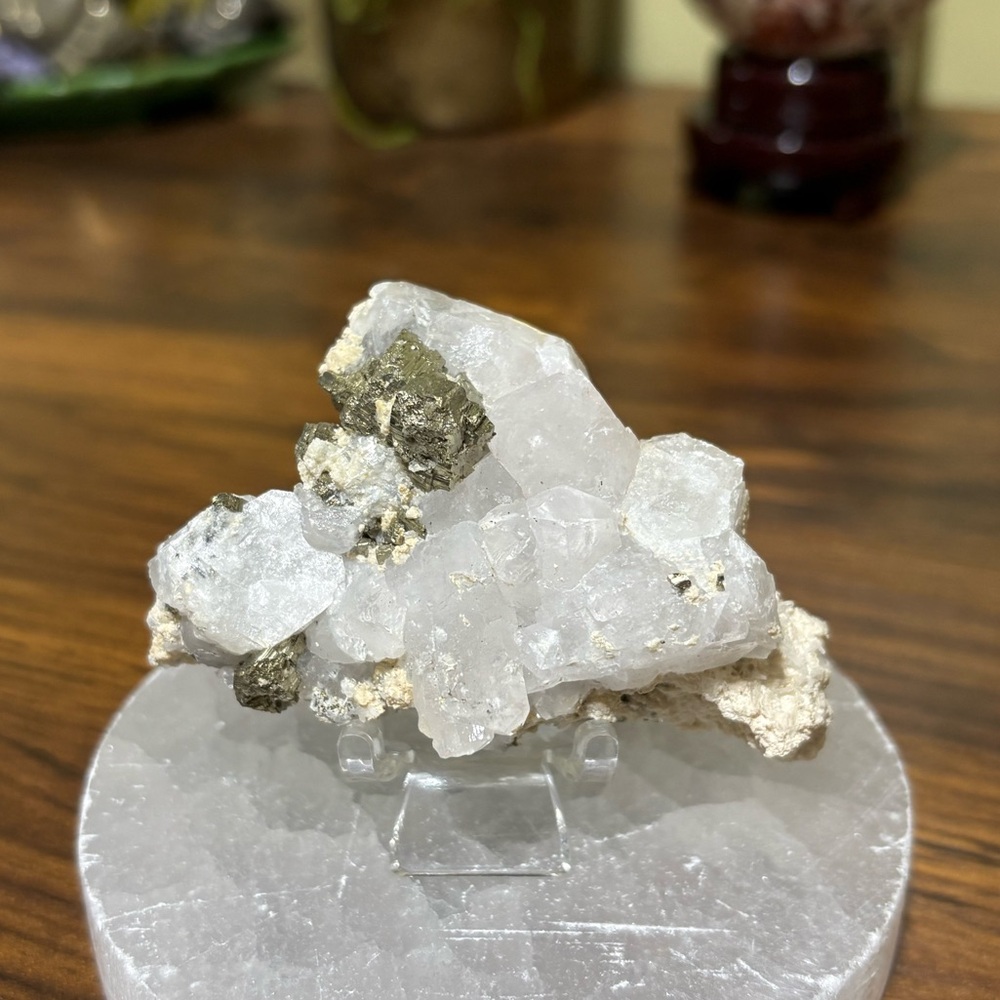 Pink mangano calcite with pyrite, UV reactive